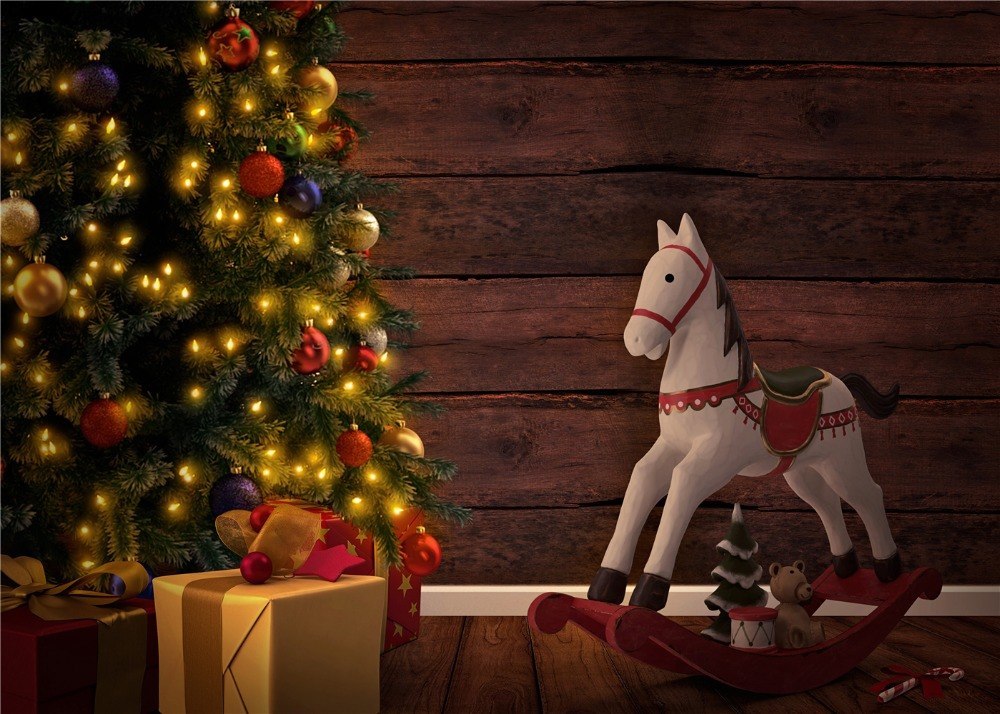 Christmas Photography Backdrop for Children Christmas Tree Toy Horse Gifts Wall