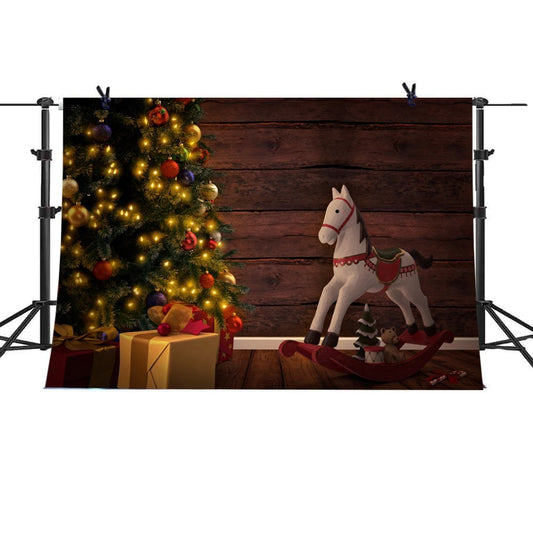 Christmas Photography Backdrop for Children Christmas Tree Toy Horse Gifts Wall