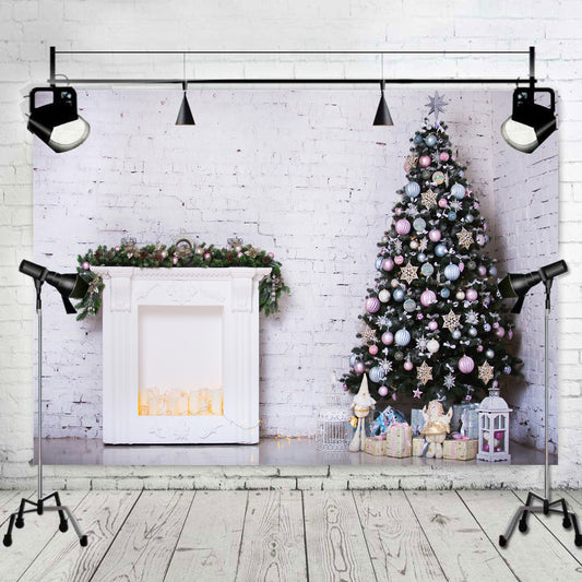 Christmas Decoration Photography Background Fireplace Backdrop Wreath