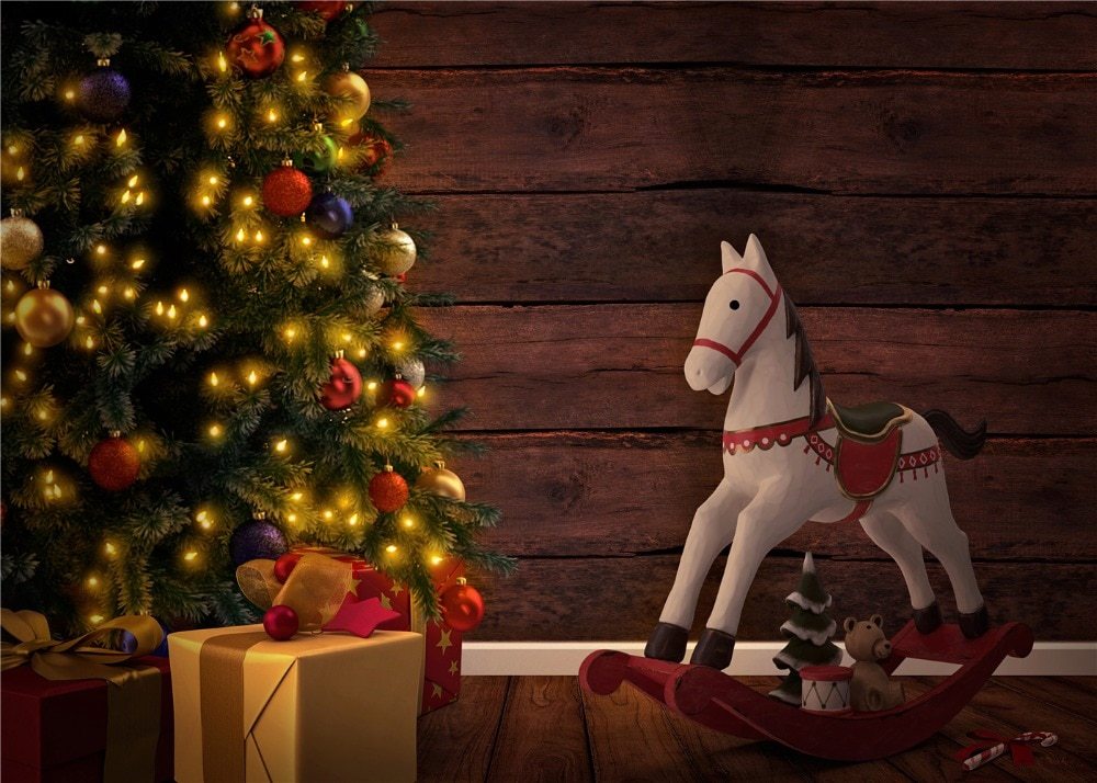 Christmas Photography Backdrop for Children Christmas Tree Toy Horse Gifts Wall