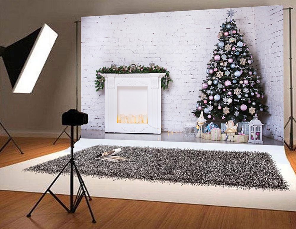 Christmas Decoration Photography Background Fireplace Backdrop Wreath