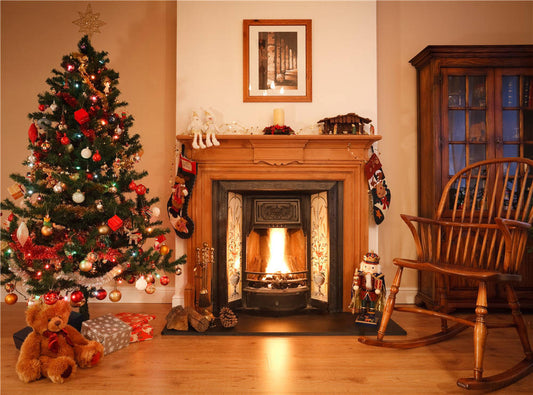 Fireplace Background Christmas Trees Photo Studio Vinyl Photography Props Backdr