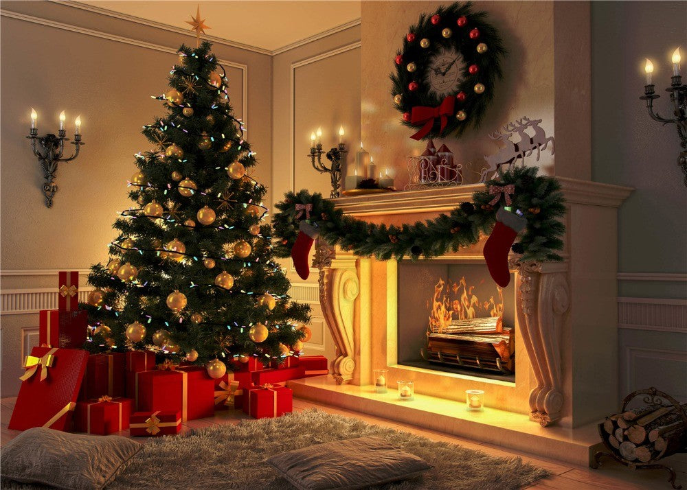 Christmas Photography Backdrop for Children Tree  Wood Floor Wall Background