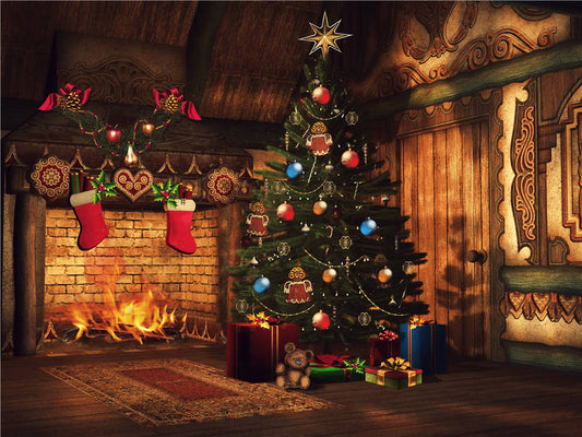 Vintage Fireplace Photo Background Christmas Socks Photography Props Backdrops