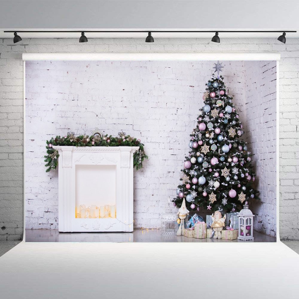 Christmas Decoration Photography Background Fireplace Backdrop Wreath