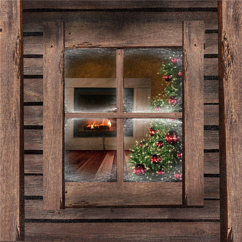 KIDNIU Wooden Window Photo Backdrops Christmas Trees Window Photography Backgrou