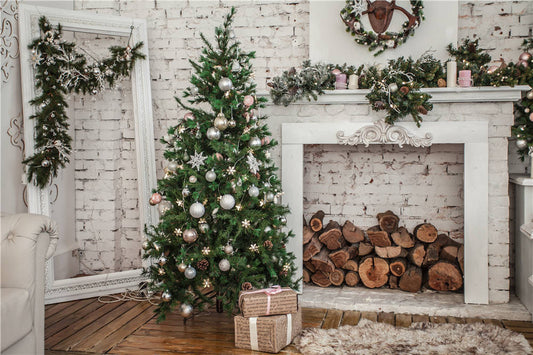 Christmas Tree Mirror Photography Background Vinyl 7x5ft or 5X3ft Brick Wall Pho