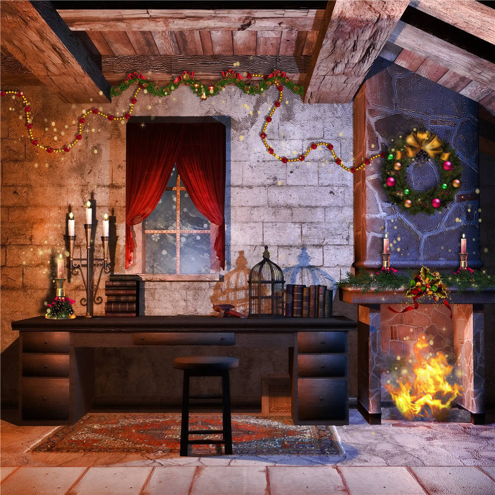 Christmas Fireplace Photography Props Background Window Photo Studio Backdrops