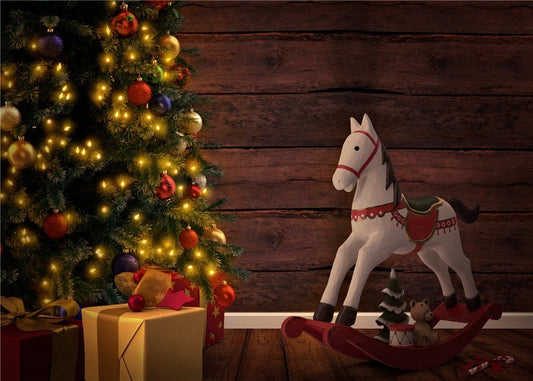 Christmas Photography Backdrop for Children Christmas Tree Toy Horse Gifts Wall