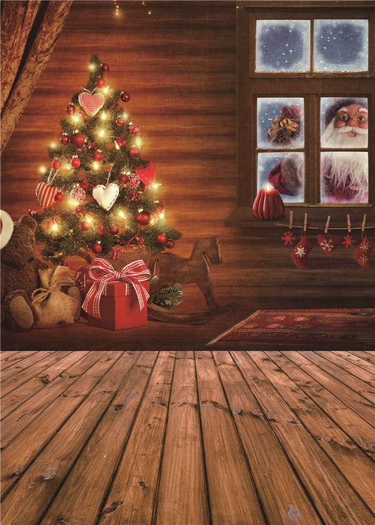 Photo Background Christmas Trees Wooden Floor Photography Backdrops Vinyl 5x7FT