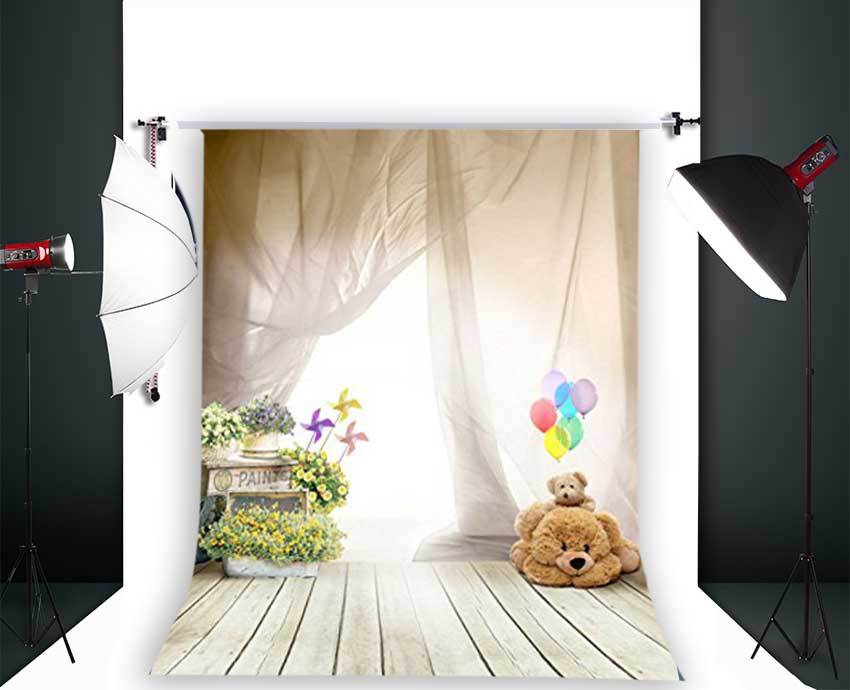 photography backdrops balloon bear children wooden floor viny 3x5ft background