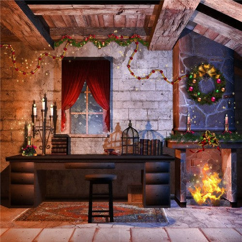 Christmas Fireplace Photography Props Background Window Photo Studio Backdrops